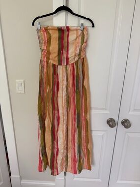 Commense Strapless Maxi Dress in Coral, Olive & Cream Stripes